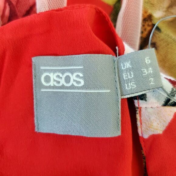 ASOS Dress Womens Petite Size 2 Red Floral Mesh Insert Fit and Flare Midi New - Picture 11 of 14